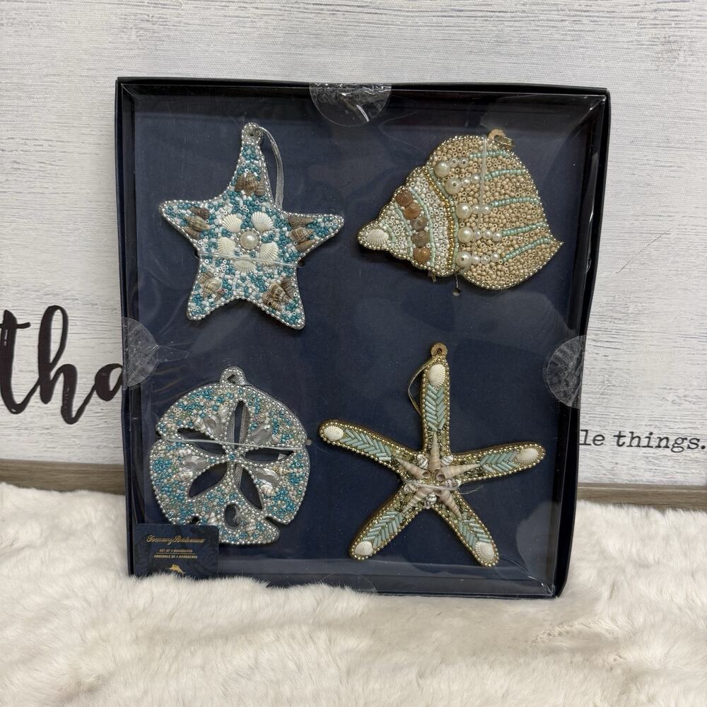 Tommy Bahama Fly By Night Beaded Seashell Starfish Sand Dollar Ornaments (4) NIB